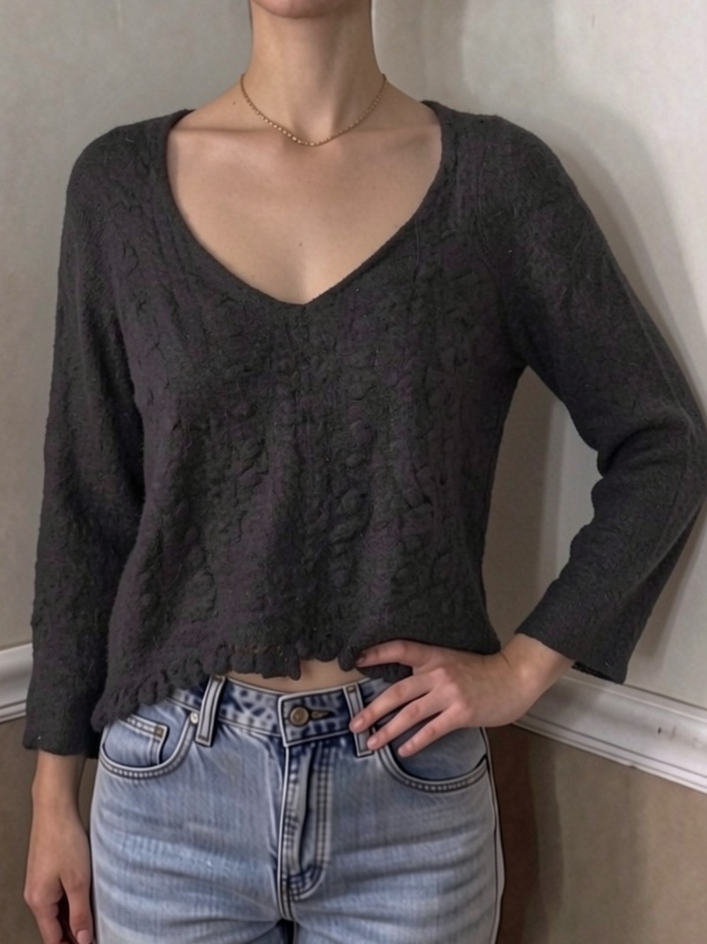 ❤️ 5 for $20! Free People Dark Gray V-Neck Cable Knit Sweater